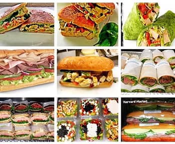 A collage of sandwiches, wraps, and salads from the Harvard Market kitchen.